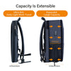 A dark blue slim expandable laptop backpack shown in two configurations demonstrating its capacity and size.