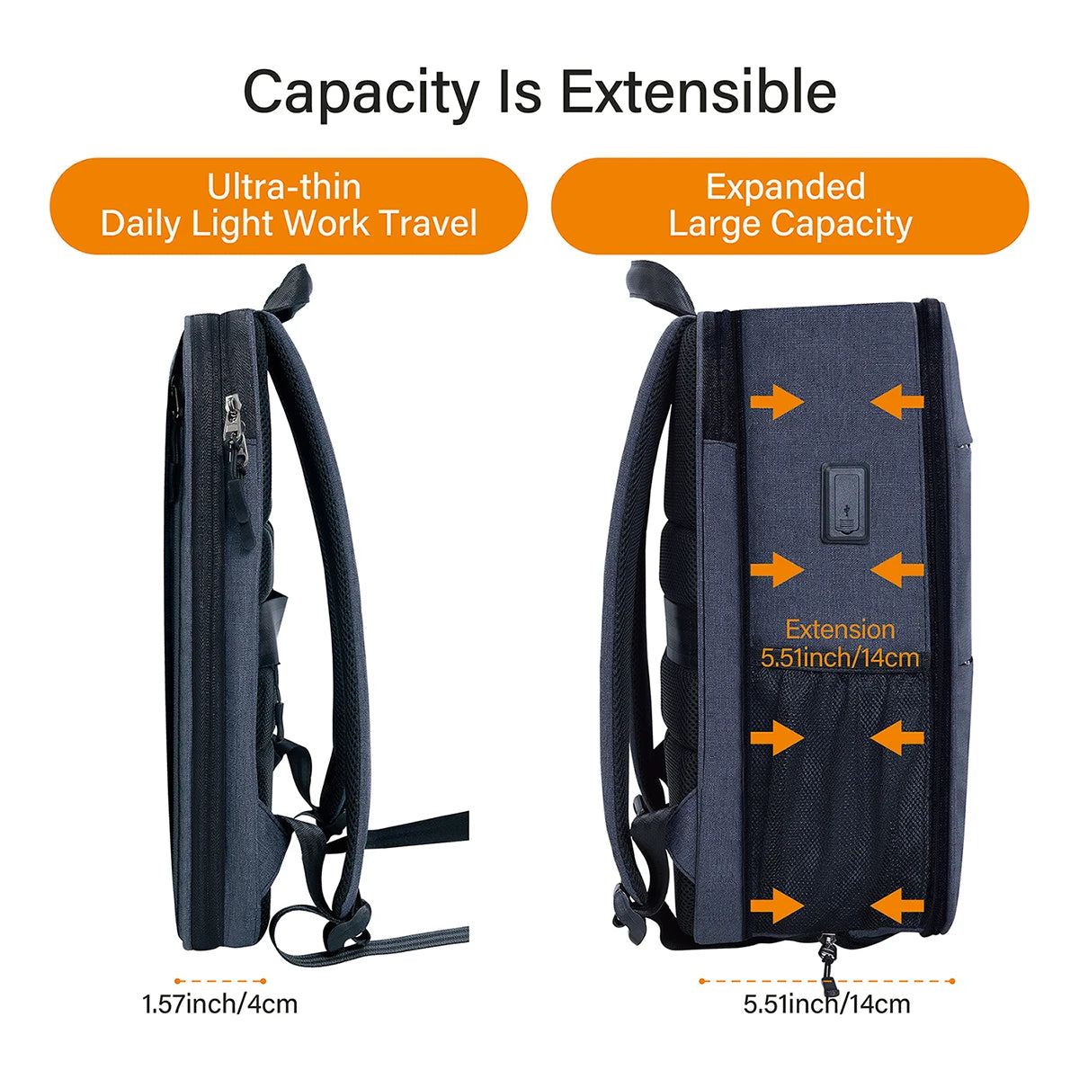 A dark blue slim expandable laptop backpack shown in two configurations demonstrating its capacity and size.
