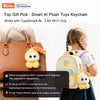 A yellow plush robot keychain attached to a backpack, demonstrating AI features.