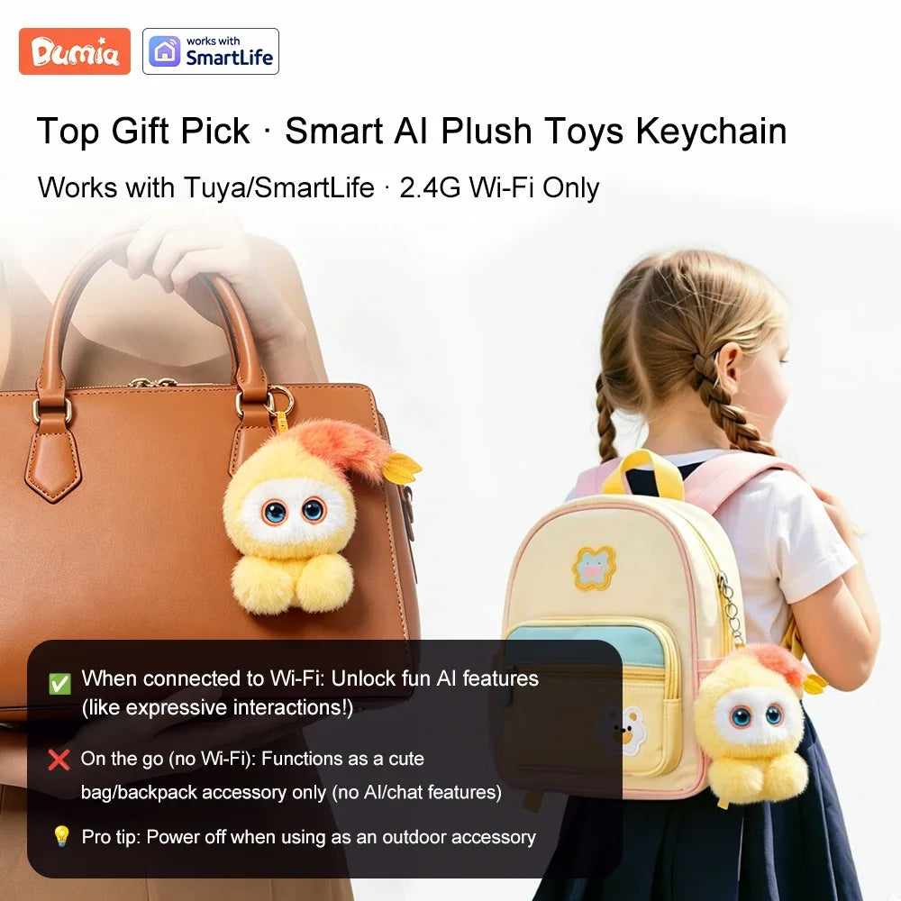 A yellow plush robot keychain attached to a backpack, demonstrating AI features.