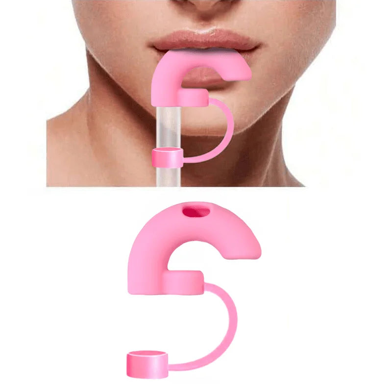 A pink anti-wrinkle straw topper for a tumbler is shown being placed onto a drink straw.