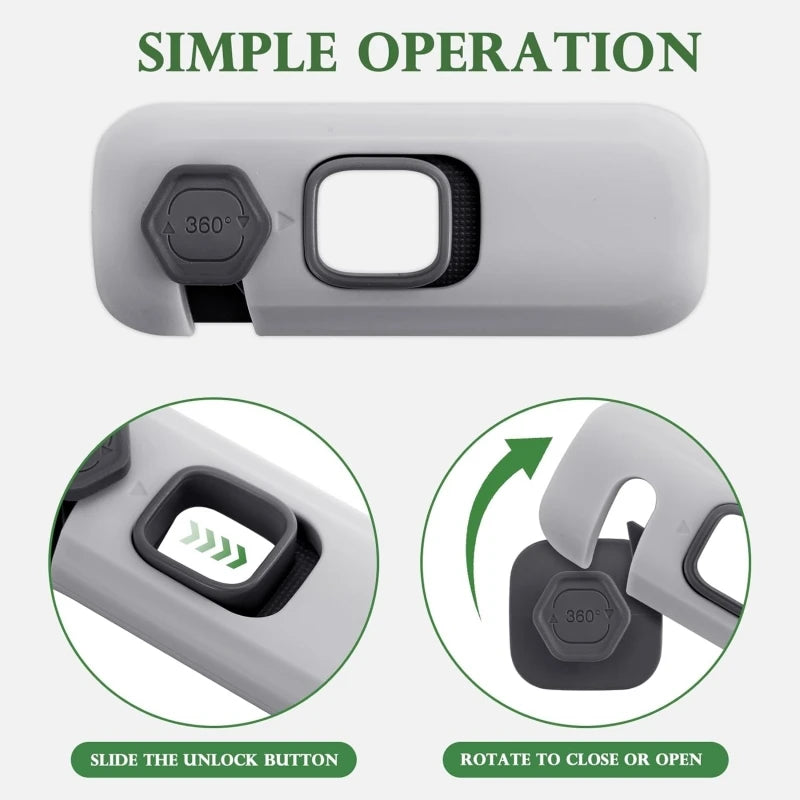 Diagram showing a simple operation for an adhesive cabinet and drawer safety lock, illustrating sliding and rotating function