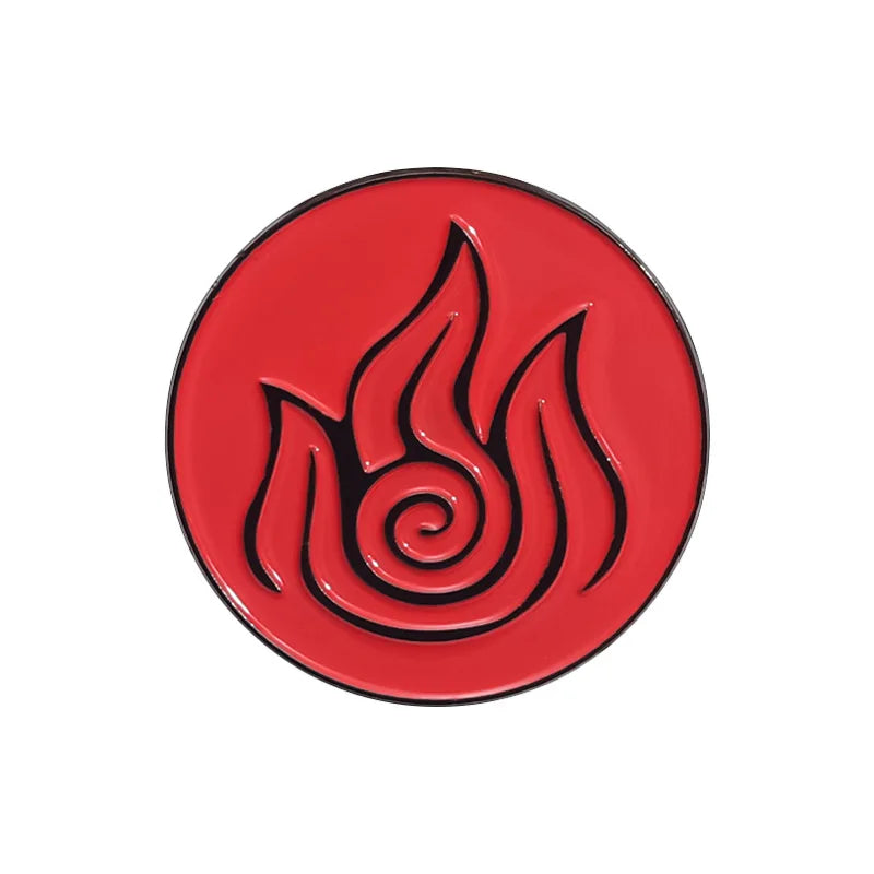 A round red enamel pin featuring a stylized flame design.