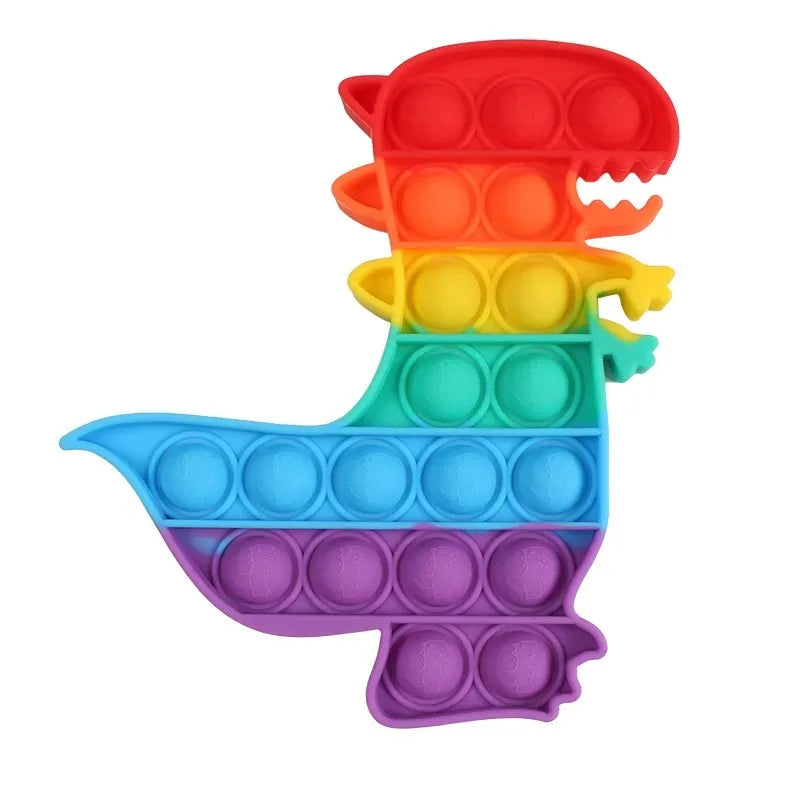 A colorful rainbow-colored pop bubble fidget toy with various shapes and colors.
