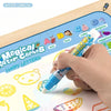 A hand is using a magic pen to draw letters on a water canvas mat for kids.
