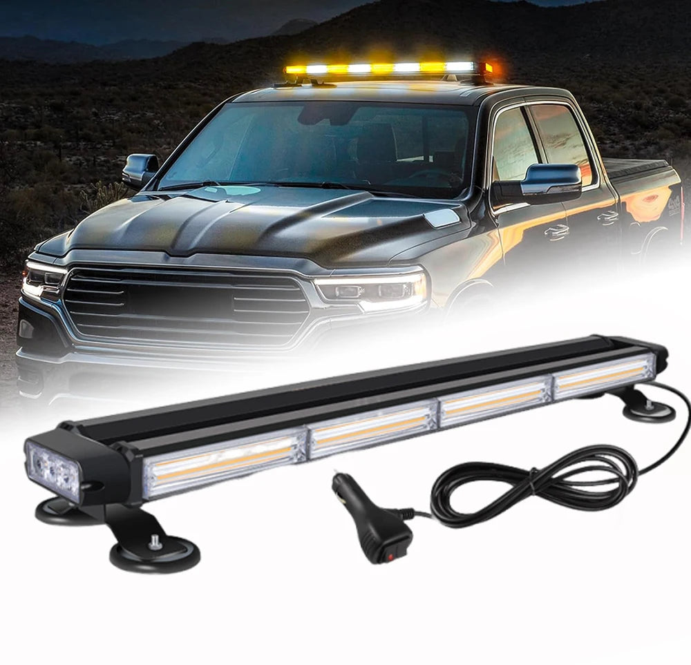 An LED rooftop strobe light bar mounted on a vehicle, shown alongside a pickup truck.