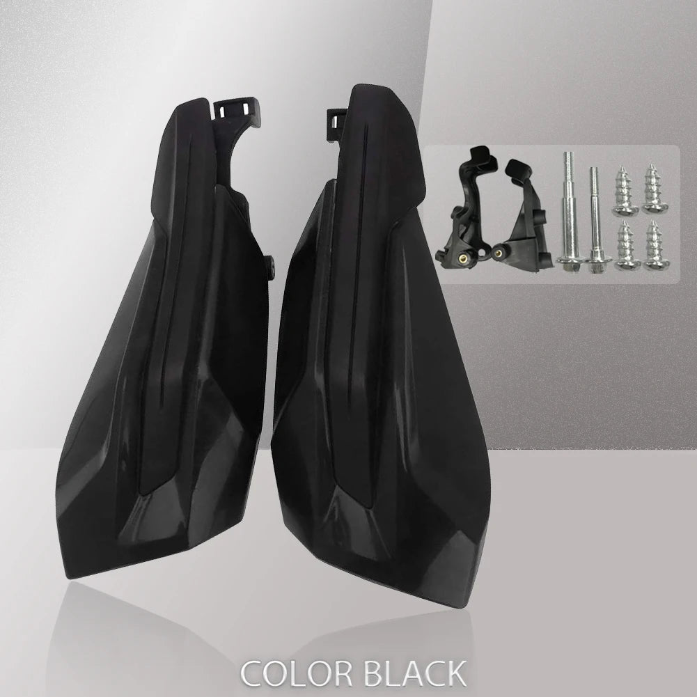 Black motorcycle handguards shown with aluminum alloy mounts and various hardware components.