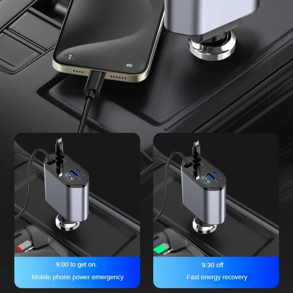 120W 4-in-1 Retractable Car Charger with Dual USB and Type-C Ports