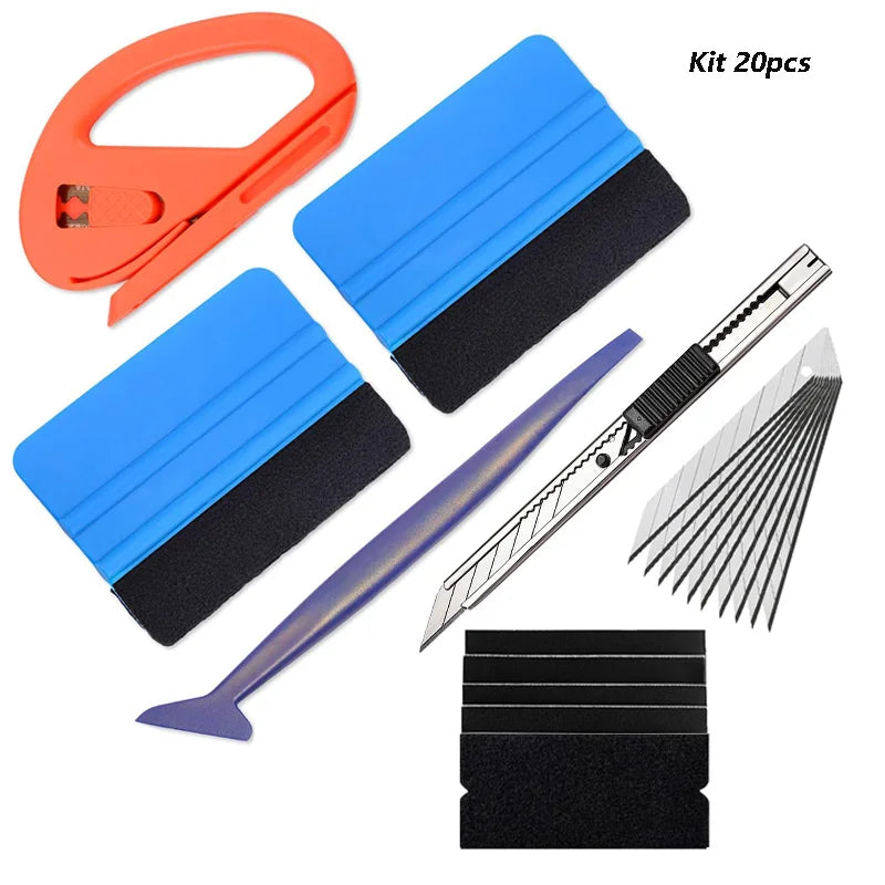A kit of 20 pieces including vinyl wrap and window tint tools, such as a plastic tool, a metal scraper, and black rubber pads