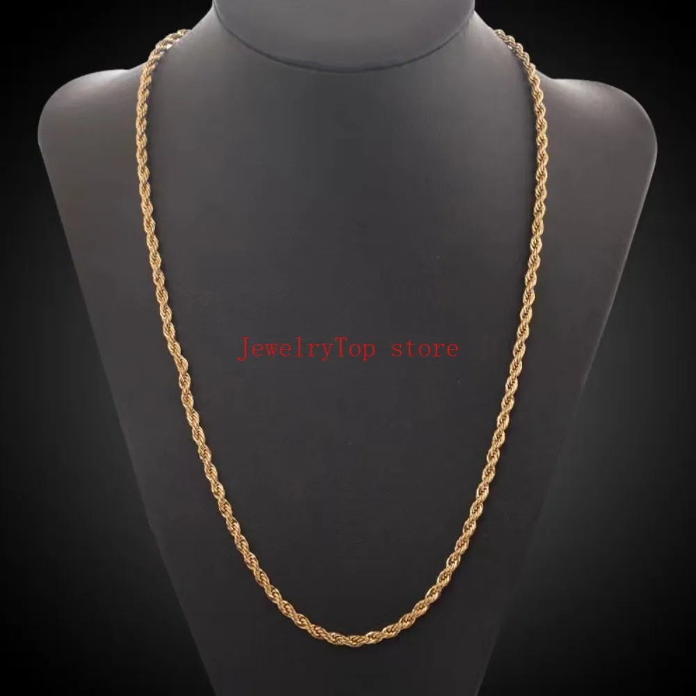 A close-up of a 4mm rope chain necklace made of 18K gold-plated metal displayed on a black display stand.