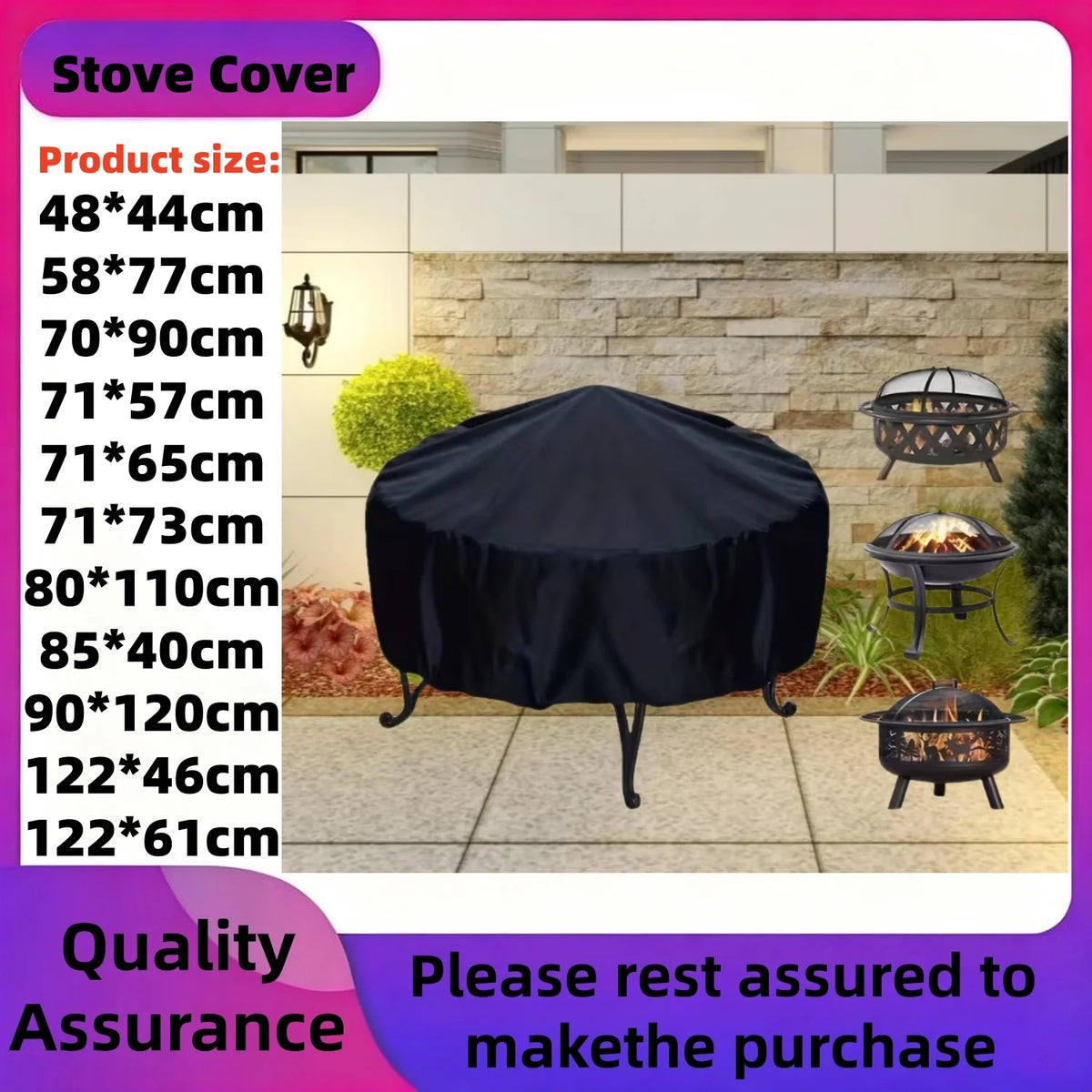 Black round fire pit cover displayed outdoors on a patio with various sized fire pits nearby.