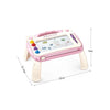 A pink magnetic drawing board for kids featuring a grid and an erasable purple pen.