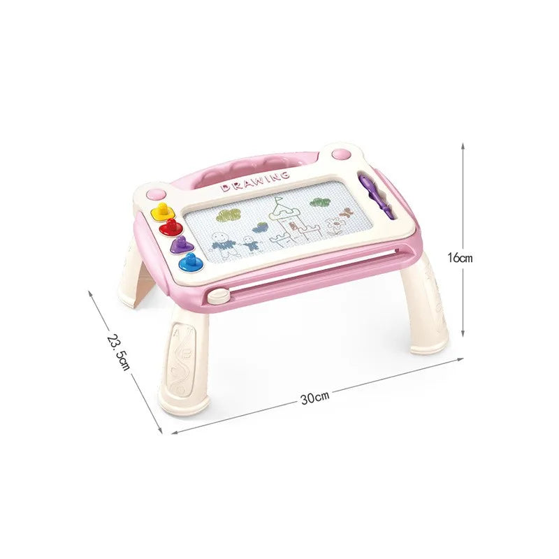 A pink magnetic drawing board for kids featuring a grid and an erasable purple pen.