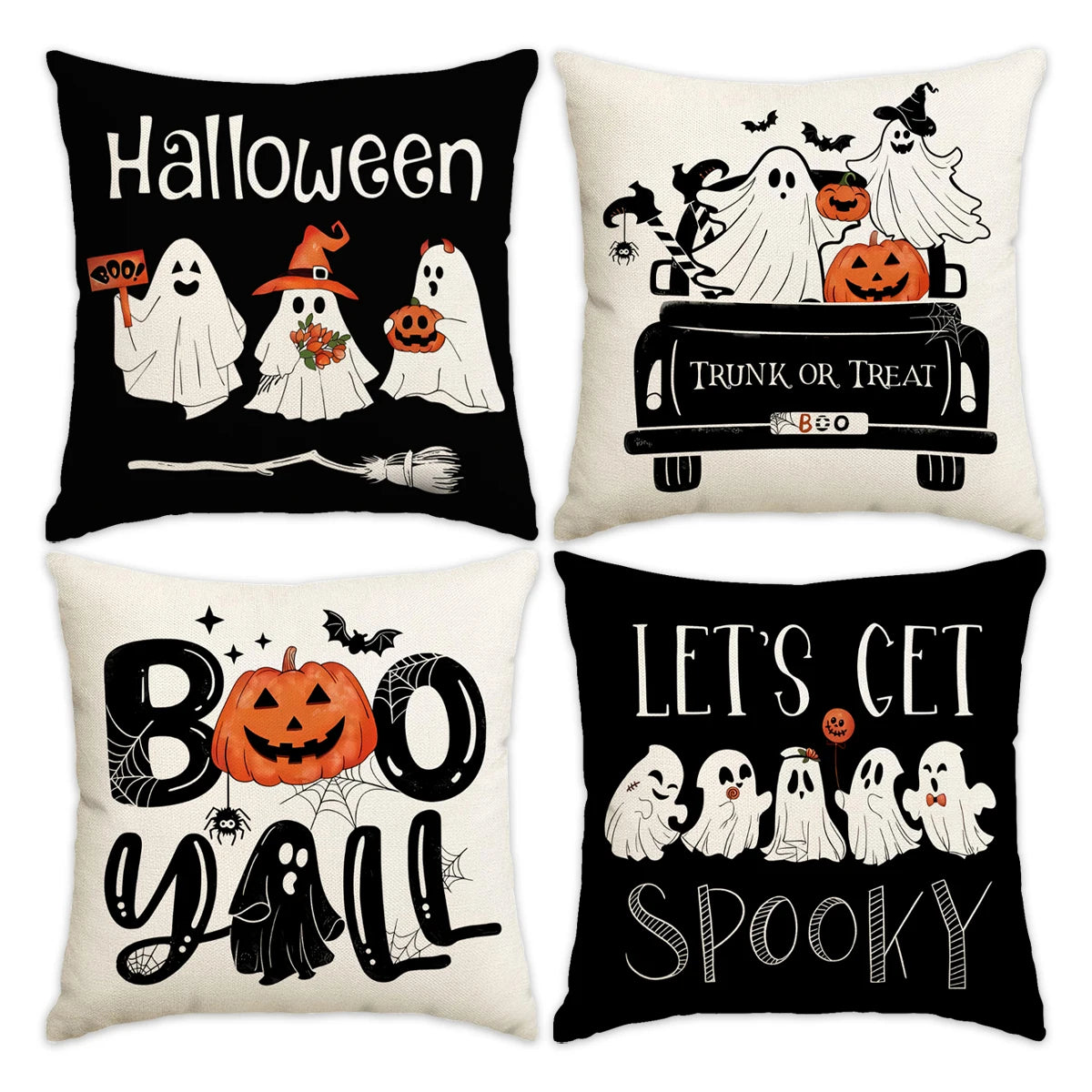 Un juego de cuatro fundas decorativas de almohada temáticas de Halloween en blanco y negro con texto espeluznante y diseños d