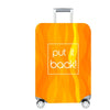 An orange luggage bag with a yellow flame pattern and a silver handle.