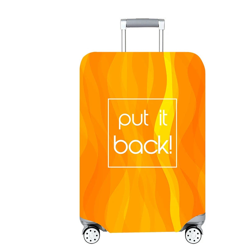 An orange luggage bag with a yellow flame pattern and a silver handle.