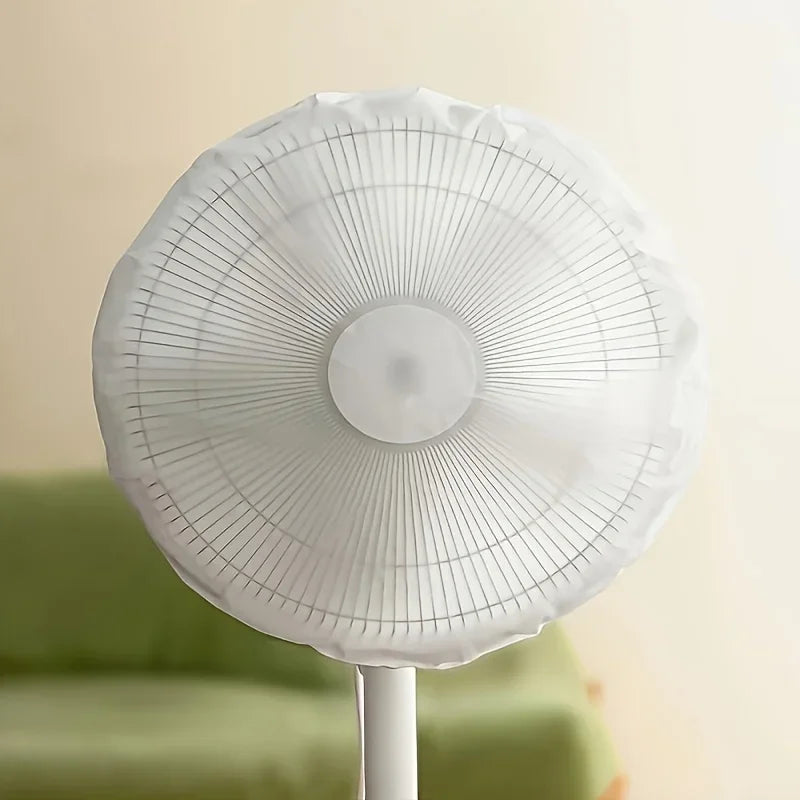 A white dust cover for an electric fan is shown on a stand.