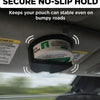 A car sun visor can holder with a belt clip is shown inside a vehicle.