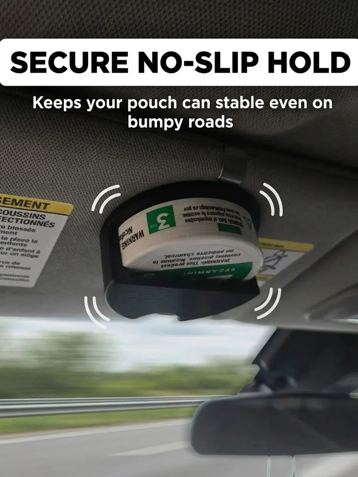A car sun visor can holder with a belt clip is shown inside a vehicle.