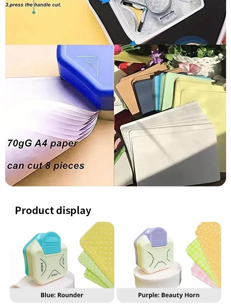 A display showing a blue round corner cutter and a purple beauty horn, demonstrating the product's use for cutting paper and 