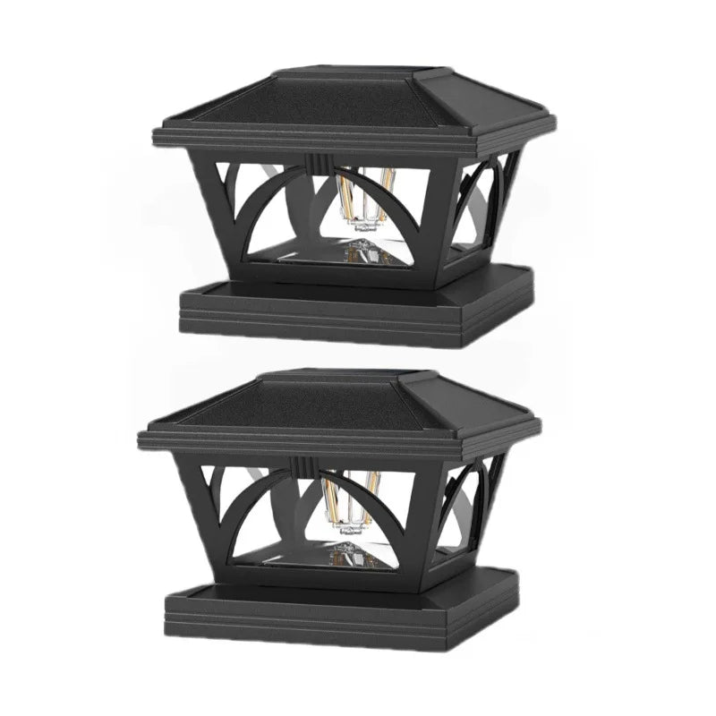 Black solar post cap lights with warm LED for outdoor lighting