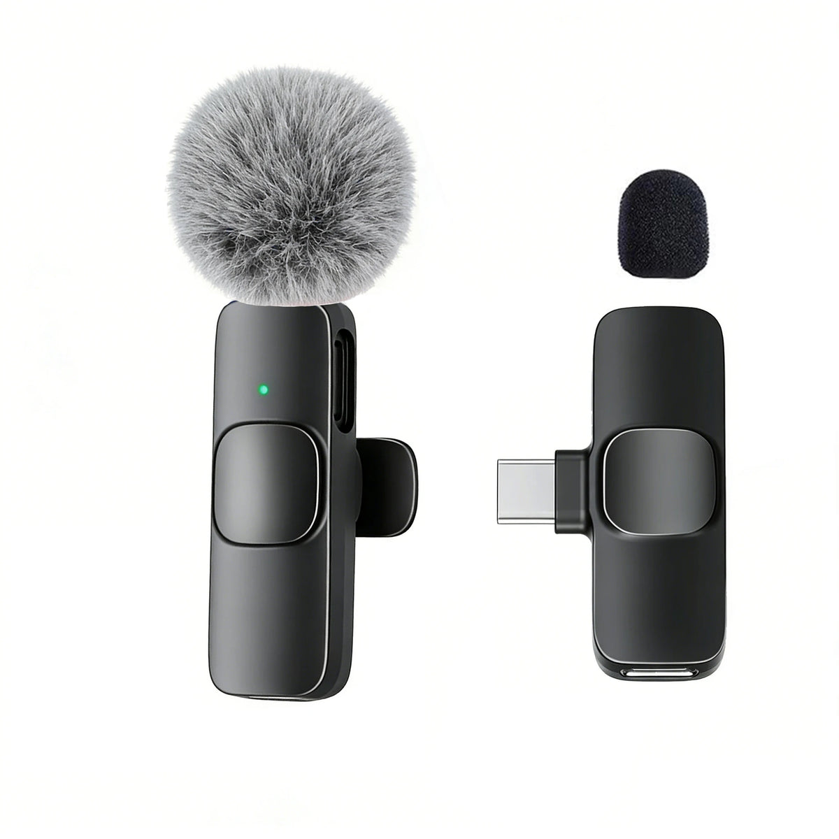 A black USB-C wireless lavalier microphone with a gray faux fur windscreen and a rectangular body.