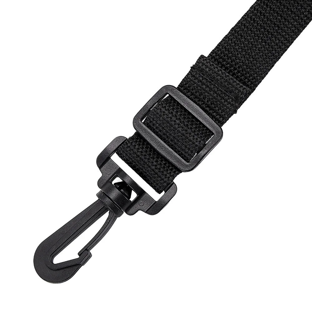 Black nylon strap and buckle of a waterproof paddle board deck bag with cooler lining