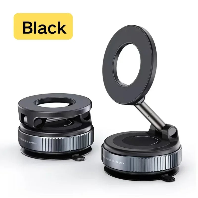 Support magnétique noir pour téléphone avec anneau rotatif sur fond blanc.