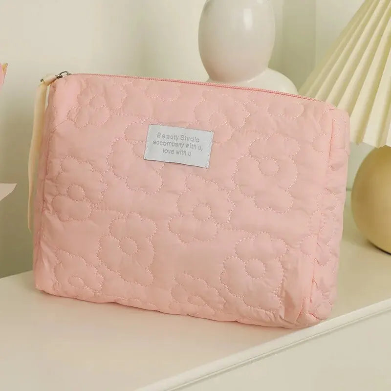 Quilted Floral Cosmetic Bag with Zipper Closure