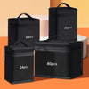 Black canvas pencil bags of various capacities, including 24pcs, 30pcs, and 80pcs, displayed on an orange background.