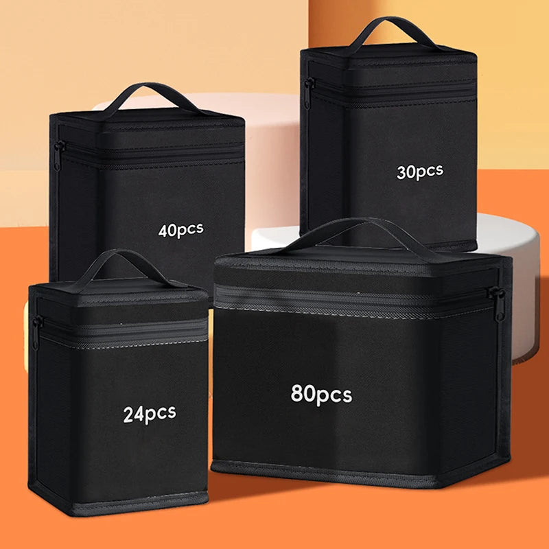 Black canvas pencil bags of various capacities, including 24pcs, 30pcs, and 80pcs, displayed on an orange background.