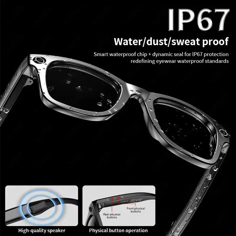 A pair of silver-framed smart glasses with a lens, showing details of the waterproof design and physical buttons.