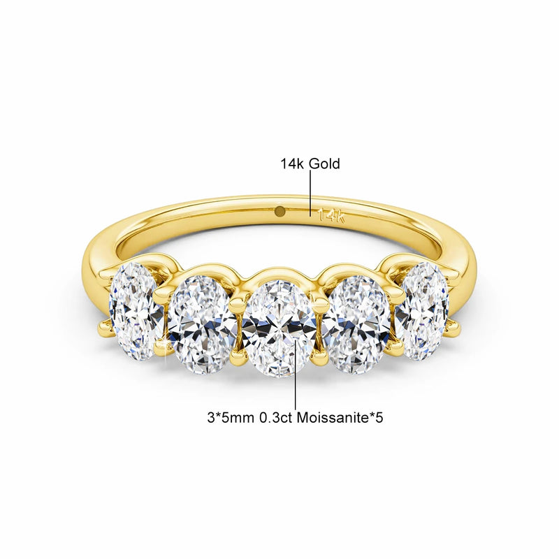 Oval Moissanite Five-Stone Ring in Solid 14K Yellow Gold
