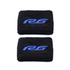 Two black microfiber socks with blue R6 logos for a brake fluid reservoir cover.