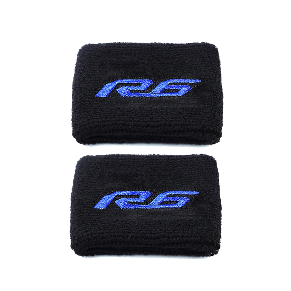 Two black microfiber socks with blue R6 logos for a brake fluid reservoir cover.
