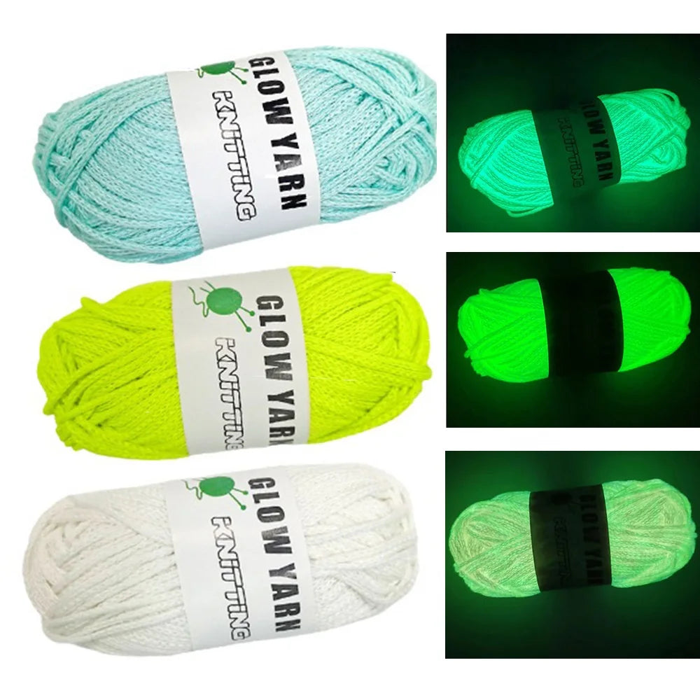 Three spools of glow-in-the-dark polyester yarn for knitting and crochet in light blue, lime green, and white.