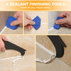 Four sealant finishing tools including a blue plastic tool and a black scraper are shown applying caulk to a surface.