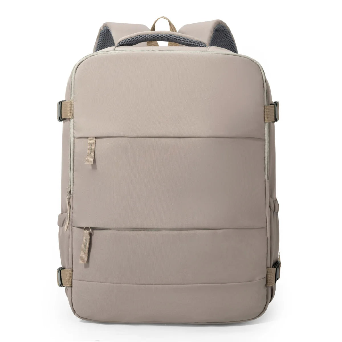 A light beige travel and commuter backpack with gray accents.