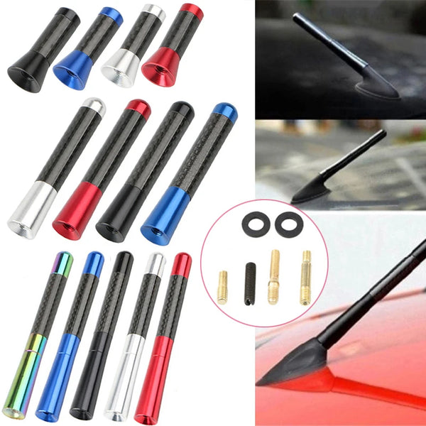 A collection of universal carbon fiber short radio antennas in various colors including black, silver, blue, and red.
