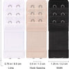 Three versions of a soft stretch bra extender with hook spacing adjustments shown in white, beige, and black.