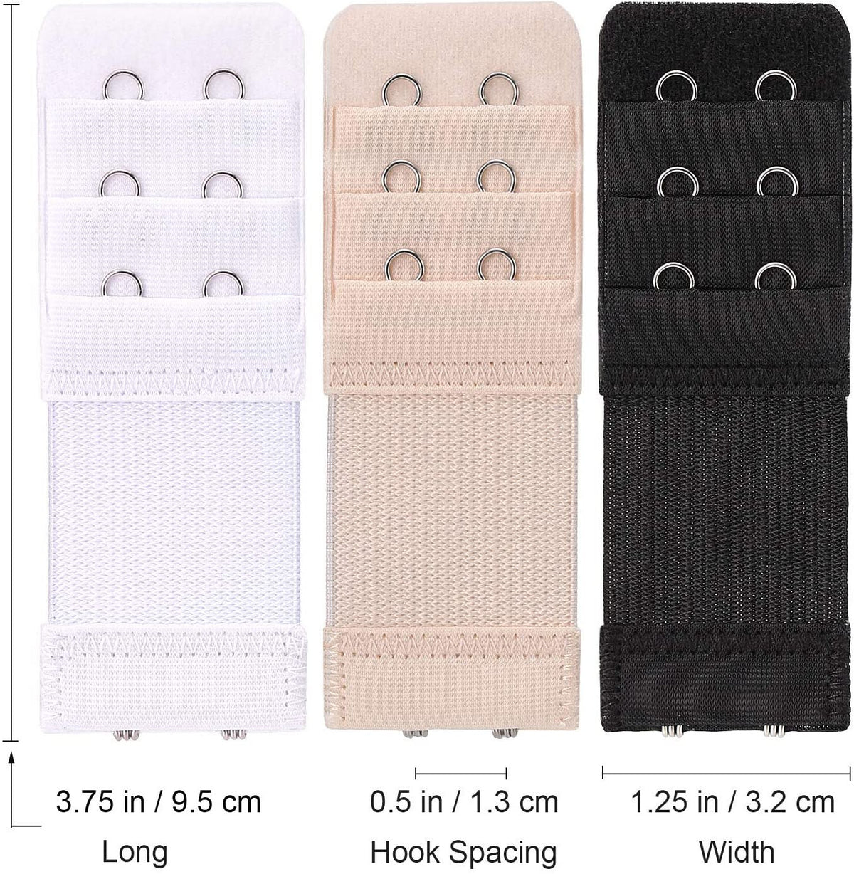 Three versions of a soft stretch bra extender with hook spacing adjustments shown in white, beige, and black.
