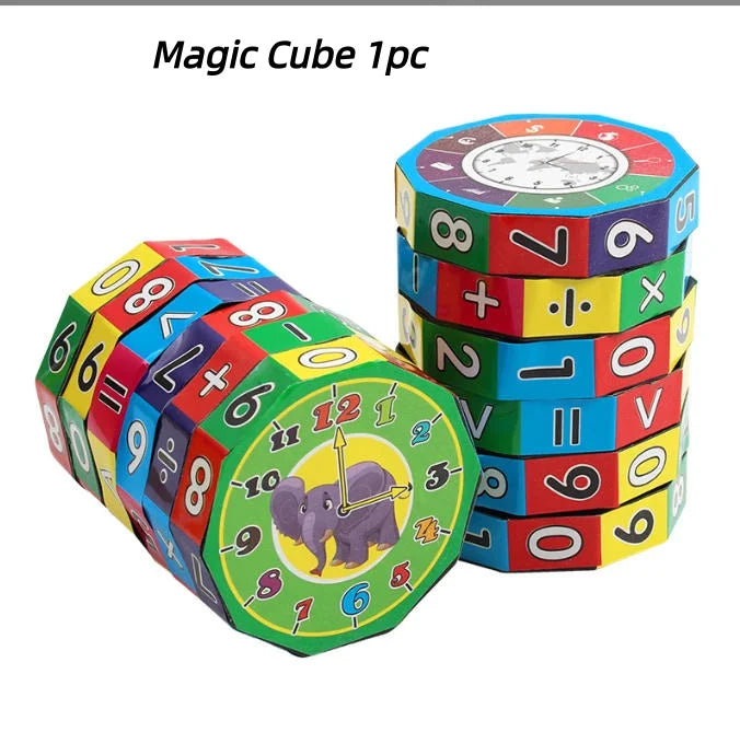 A stack of colorful magic cubes used for teaching numbers and arithmetic to children.