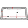 A rectangular license plate frame with mounting holes and dimensions marked on the top edge.