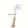 Stainless steel garden weeder with a wooden handle shown in a vertical orientation.