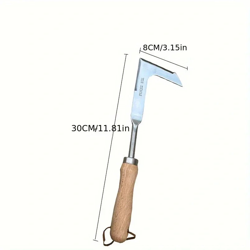 Stainless steel garden weeder with a wooden handle shown in a vertical orientation.