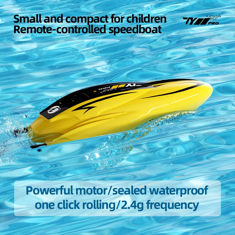 Yellow remote-controlled speedboat cutting through blue water