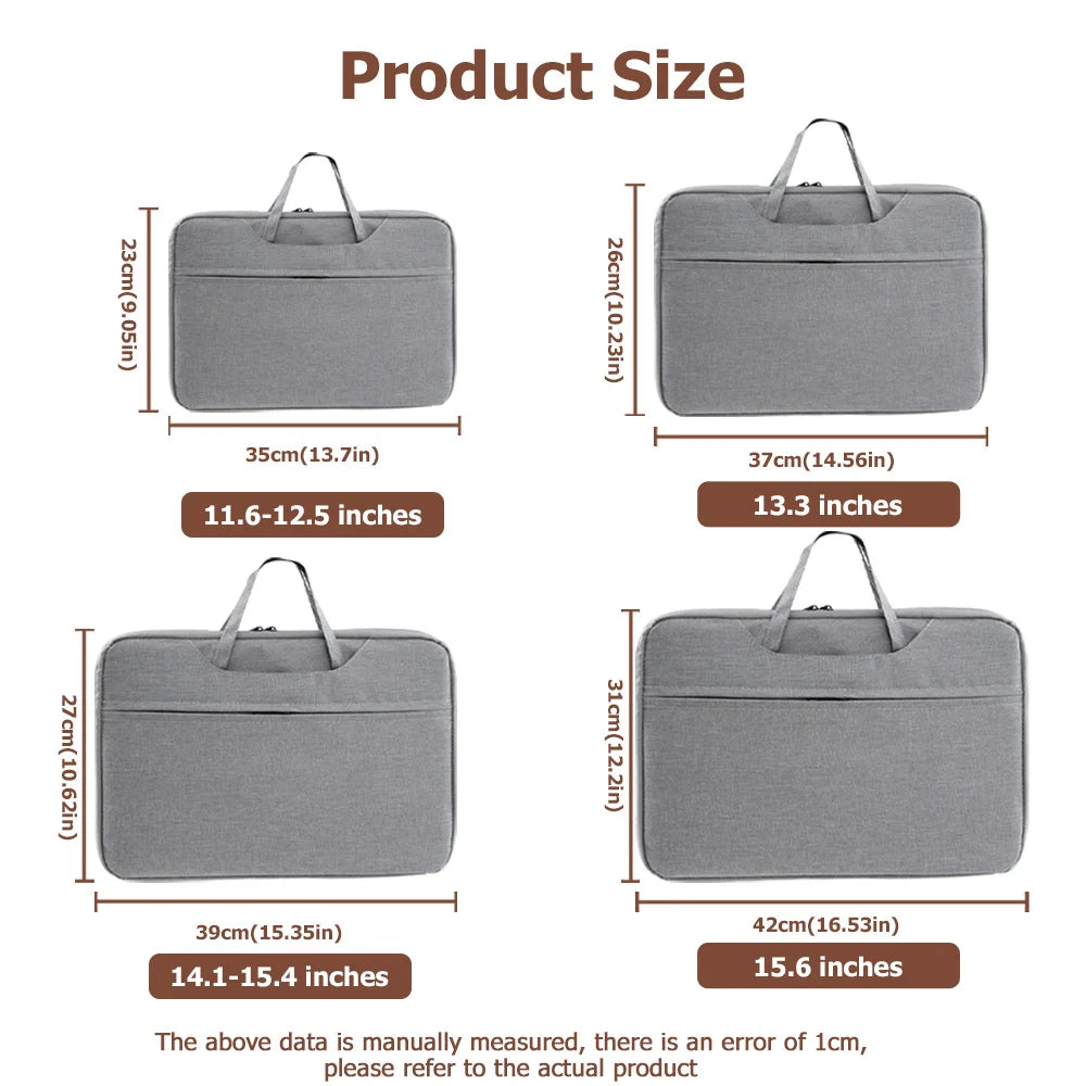 A gray universal laptop sleeve case shown with various dimensions and measurements.