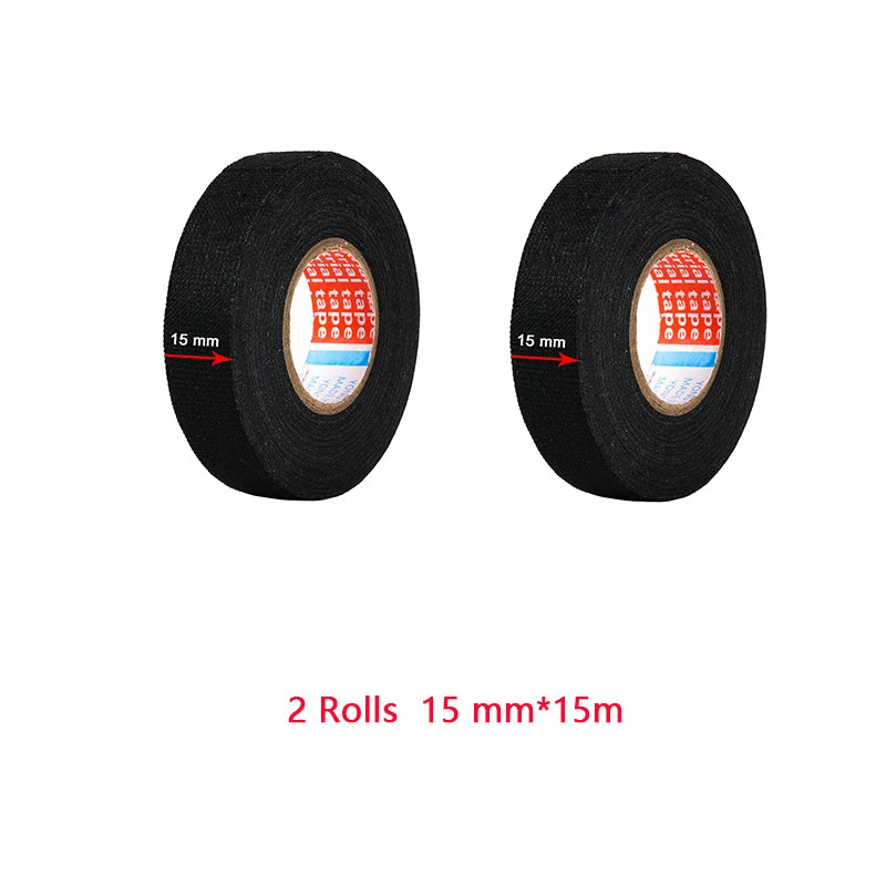 Deux bobines de ruban isolant électrique noir, 15 mm de diamètre et 15 mètres de long.