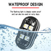 A flashlight with a waterproof design is shown submerged in water droplets.