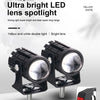 A pair of black LED lens spotlights are shown, featuring yellow and white dual light beams.